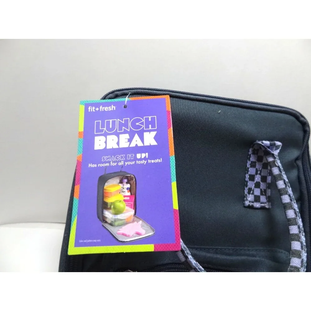 Fit & Fresh Lunch Tote Bag Grey Blue Checkered Handle 10x5x8.5 New